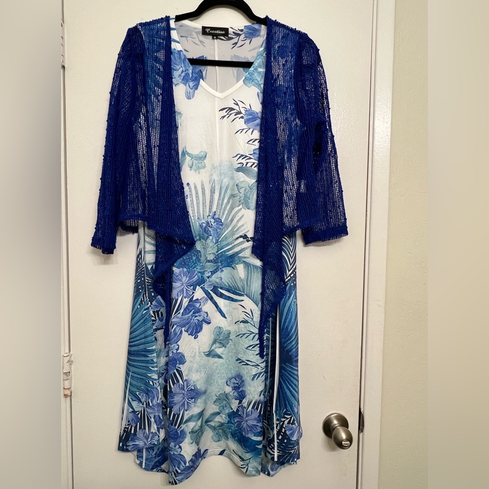 Creation Blue Floral Dress with Sheer Cover-Up